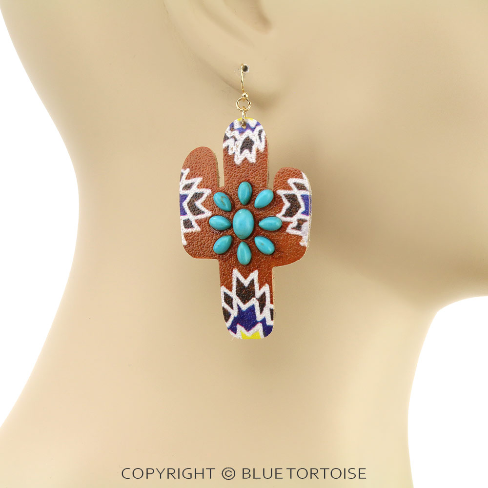 Western Style Cactus Leather Dangle Earrings - Image 2