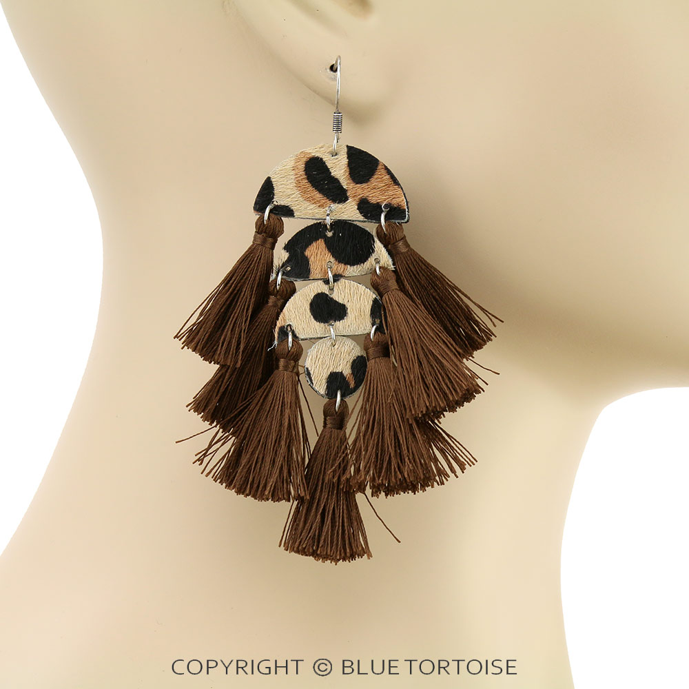 Genuine Leather Cow Hide Tassel Dangle Earrings - Image 2