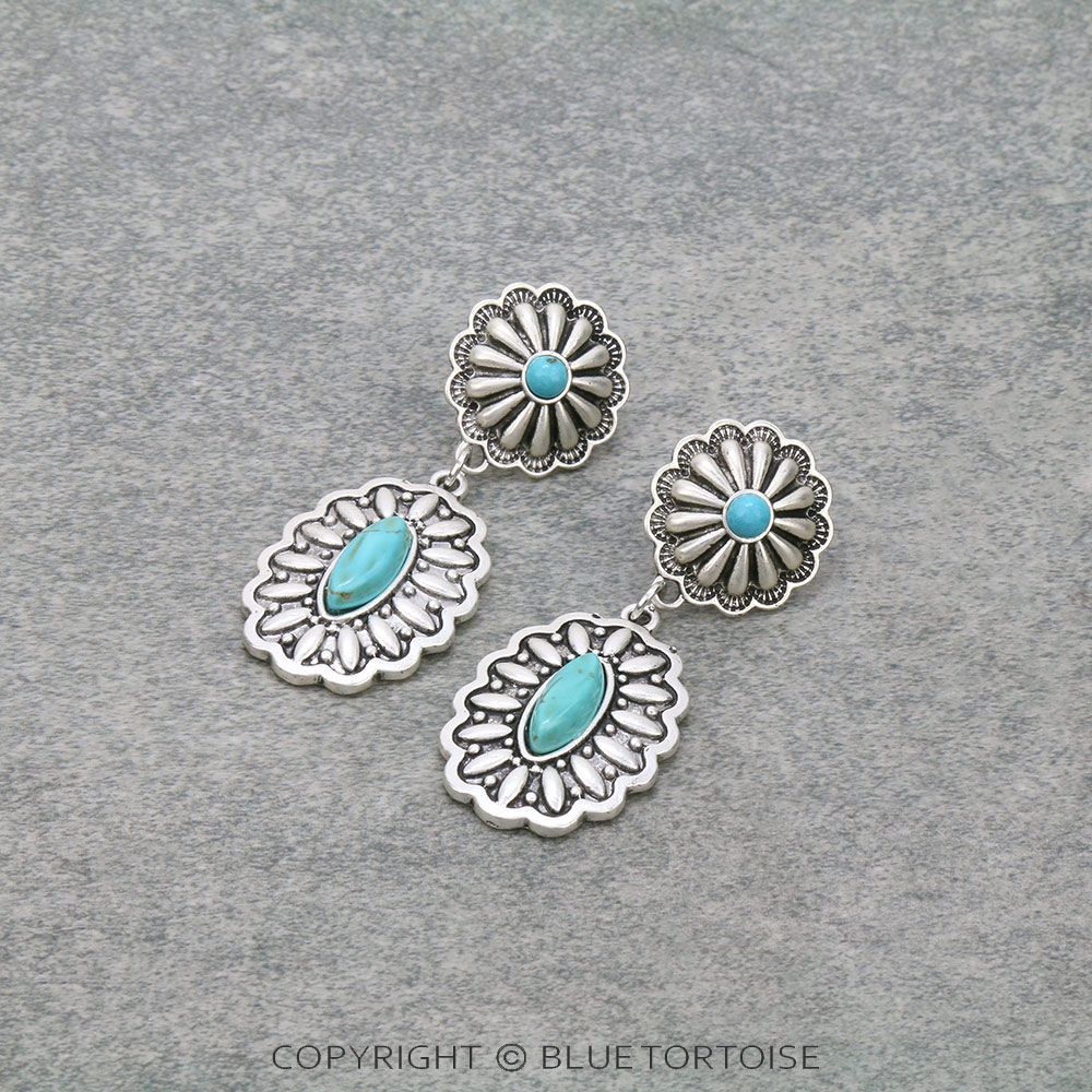 2.2" Long, Concho Natural Stone Post Earrings