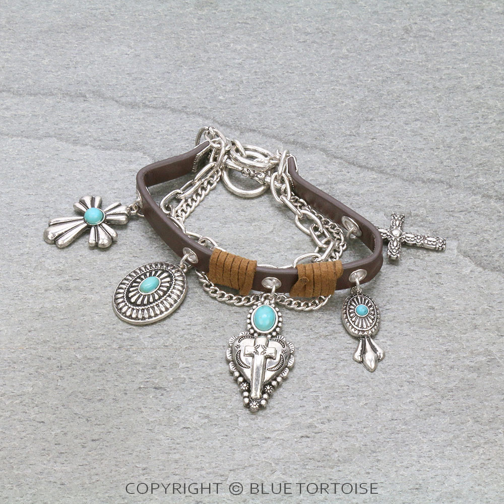 Western Cross Charms Leather Toggle Bracelet