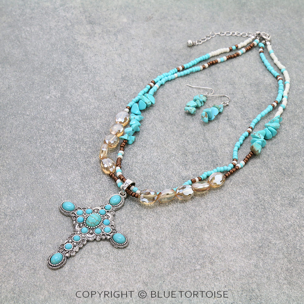 Western Cross Multi Bead Necklace Set