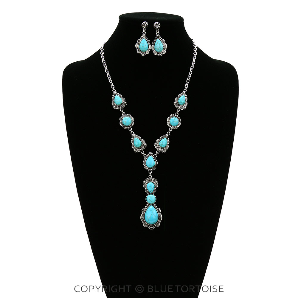 Western Texture Teardrop Stone Necklace Set - Image 2