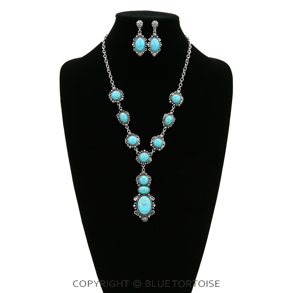 Western Texture Oval Stone Necklace Set - Image 2