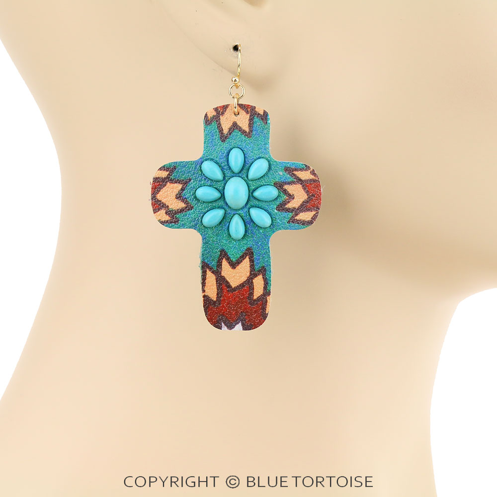 Western Style Cross Leather Dangle Earrings - Image 2