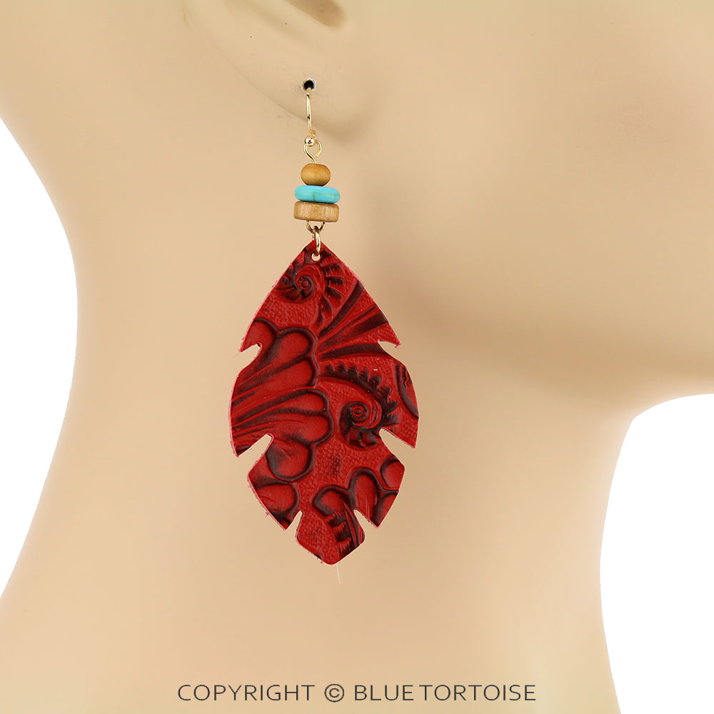 Western Style Leaf Leather Dangle Earrings - Image 2