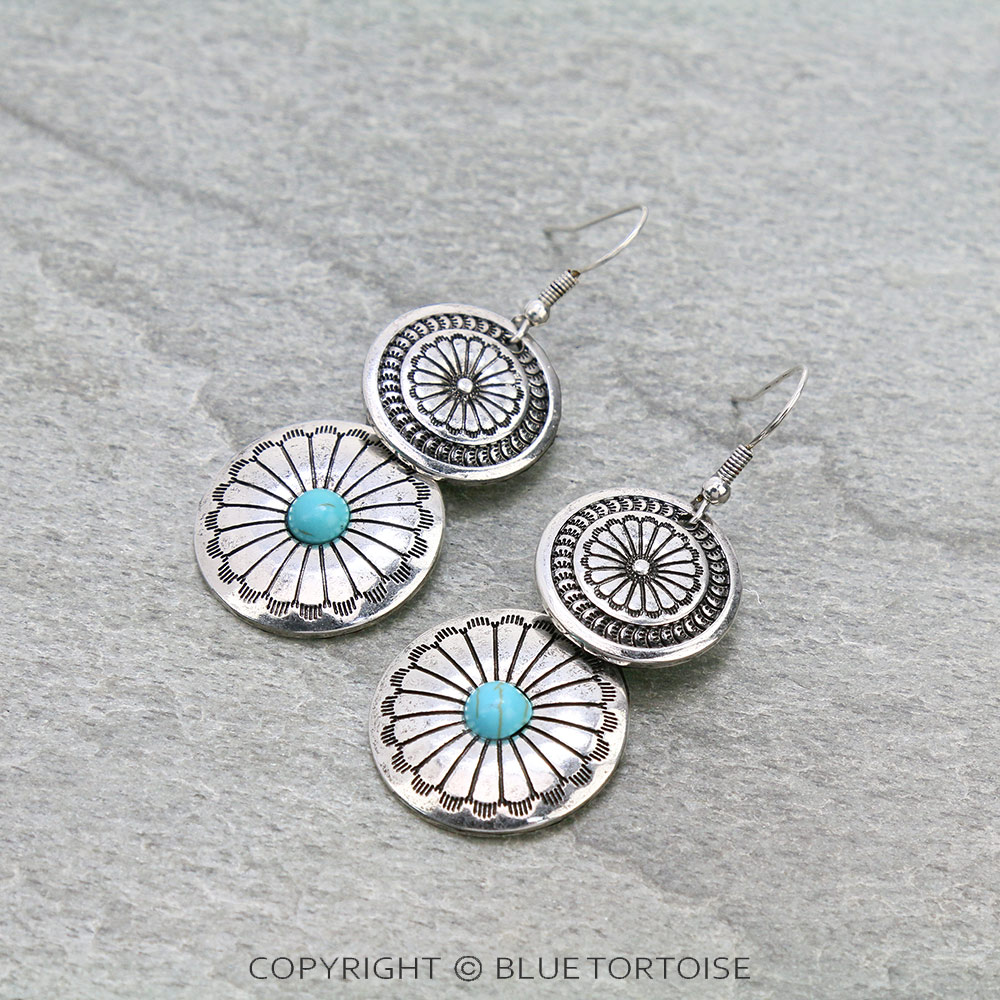 Western Round Concho Overlapped Dangle Earrings