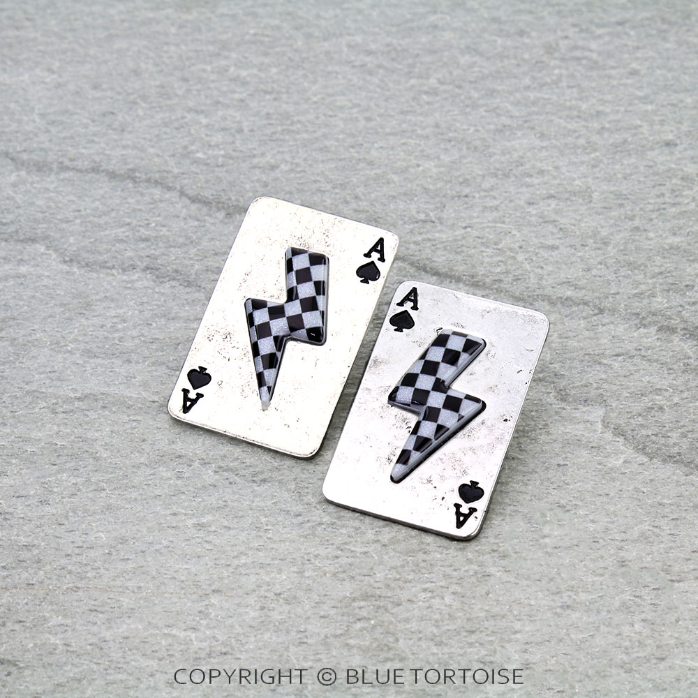 Western Checker Pattern Thunder Spade Ace Stud Earrings