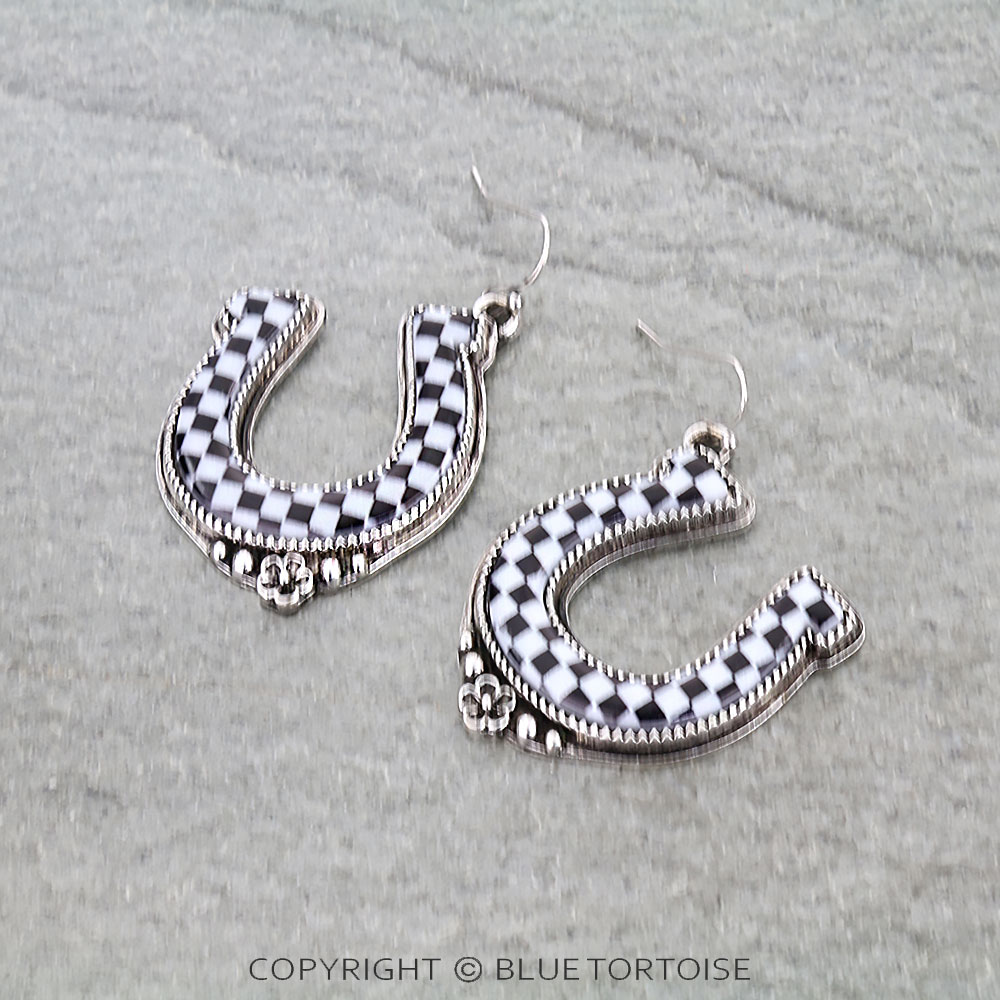 Western Checker Pattern Horseshoe Dangle Earrings