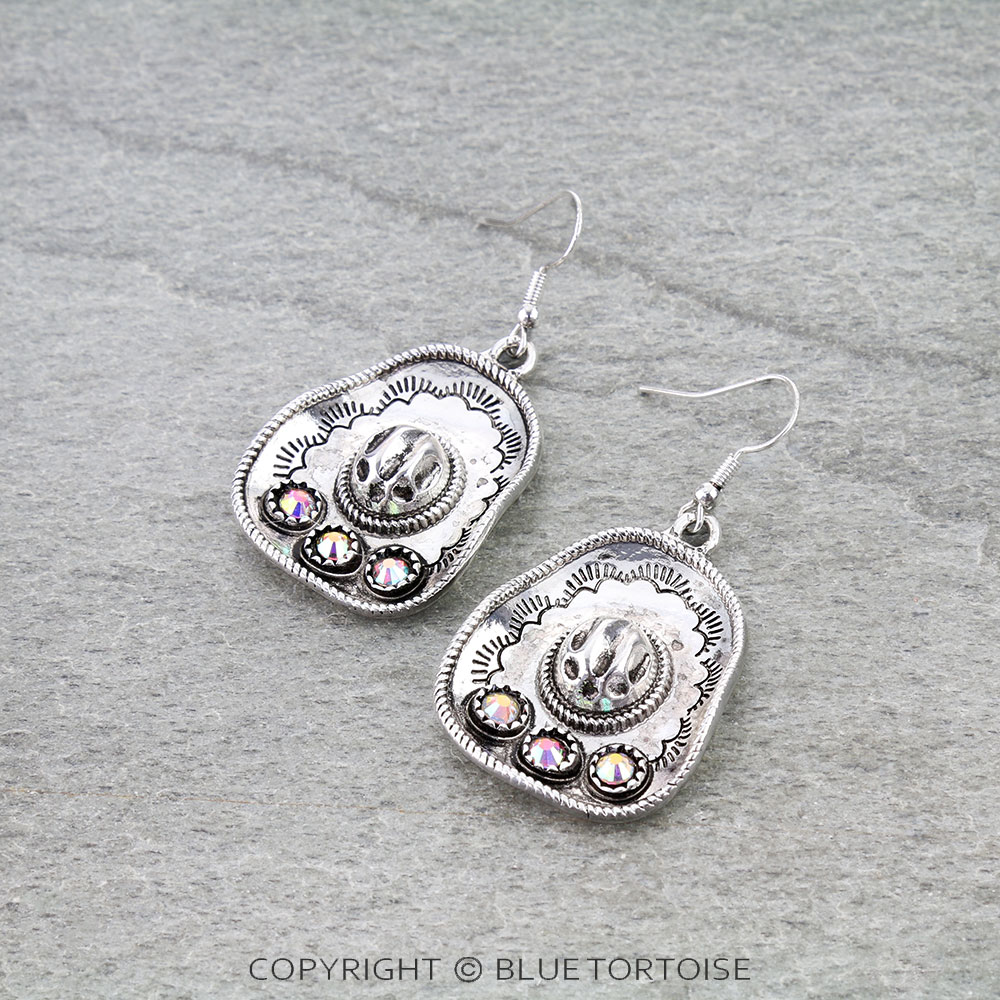 Western Cowboy Hat Stone Dangle Earrings