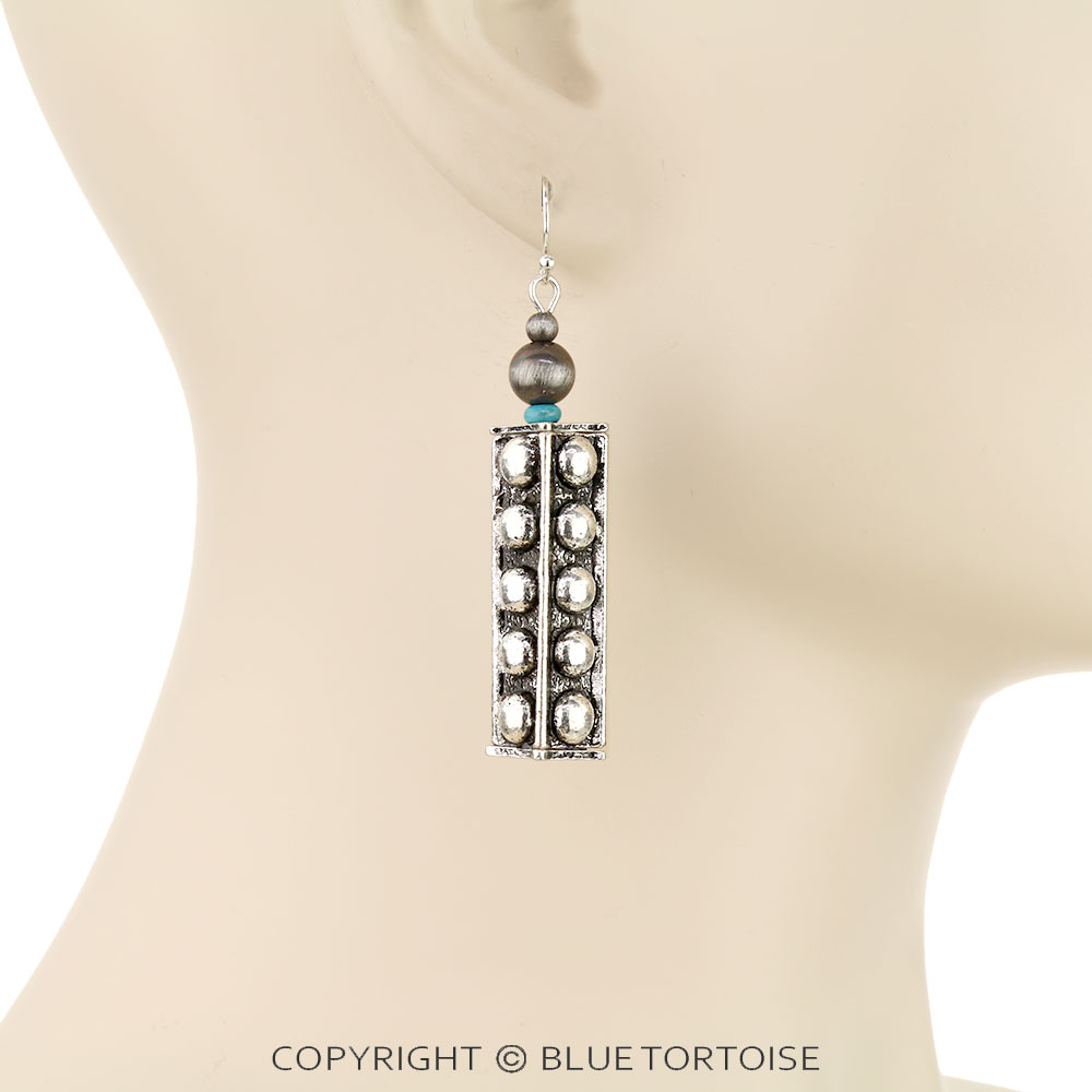 Western Navajo Style Pearl and Bubble Barrel Bead Dangle Earrings - Image 2
