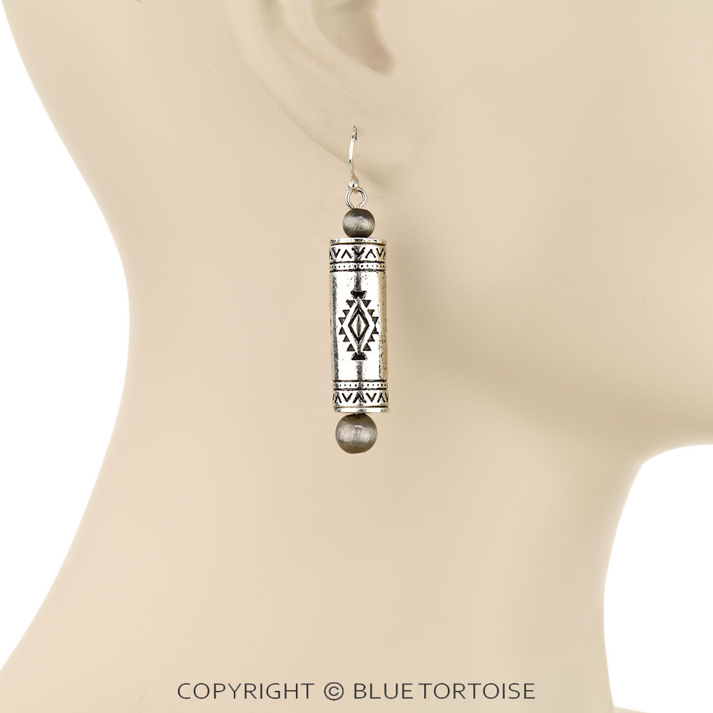 Western Navajo Style Pearl and Aztec Barrel Bead Dangle Earrings - Image 2