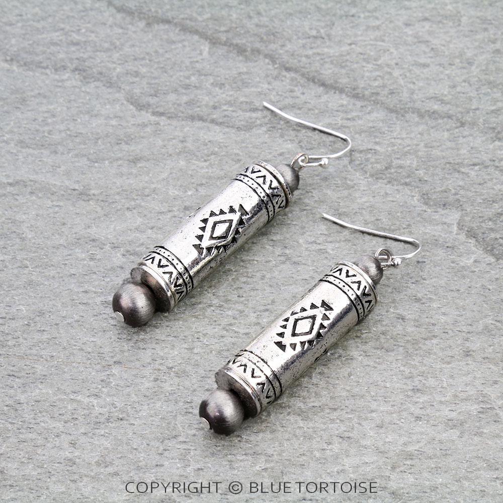 Western Navajo Style Pearl and Aztec Barrel Bead Dangle Earrings