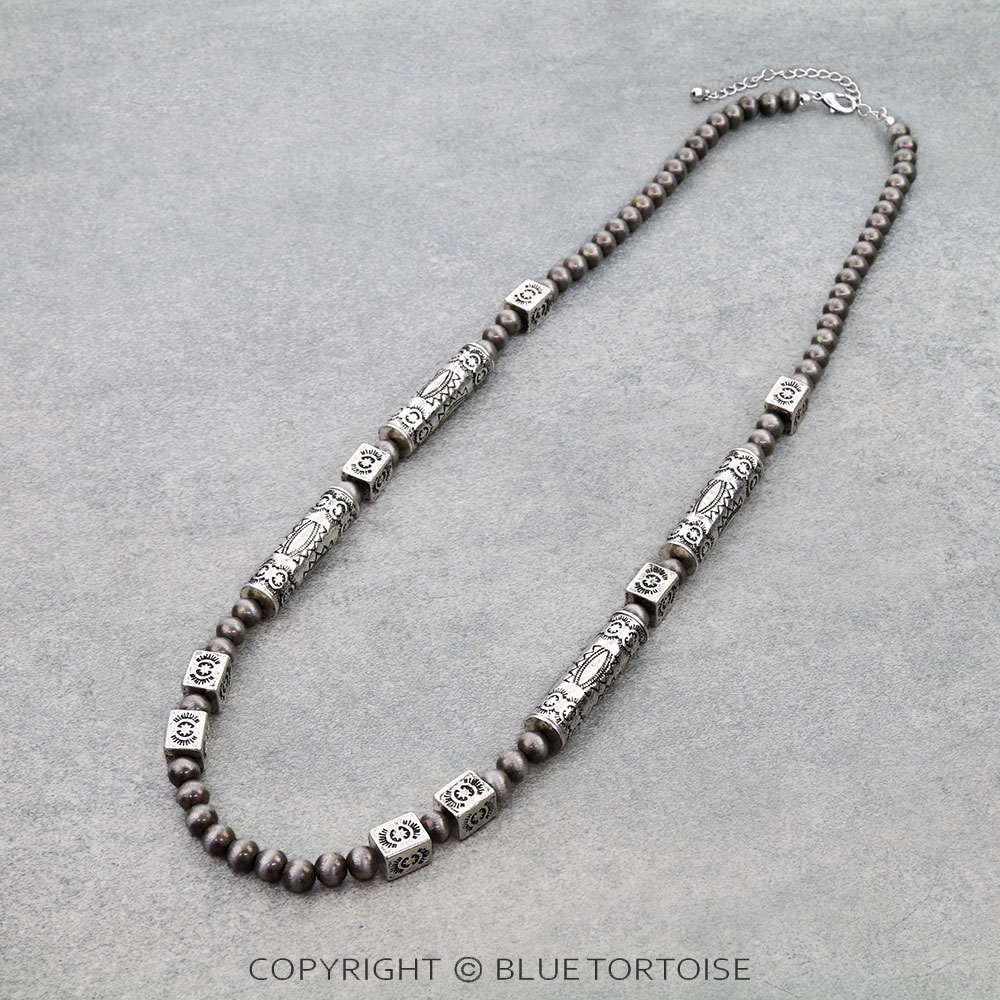 Western Navajo Style Pearl and Aztec Barrel Bead Necklace