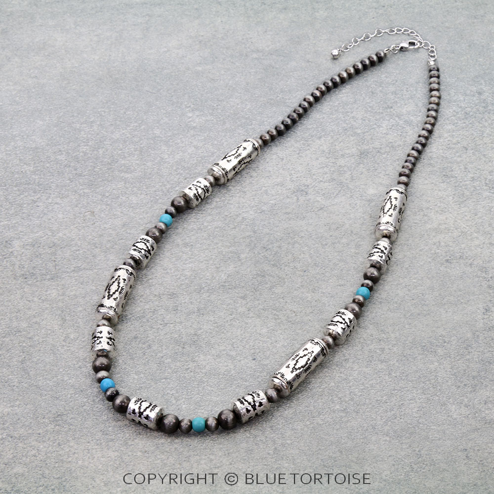 Western Navajo Style Pearl and Aztec Barrel Bead Necklace