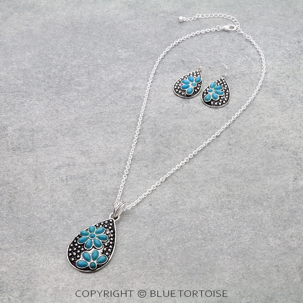 Western Teardrop Concho Stone Necklace Set