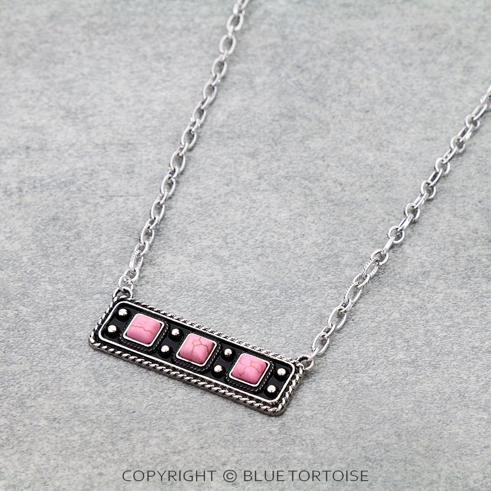 Western Ball TXR Square Stone Bar Necklace