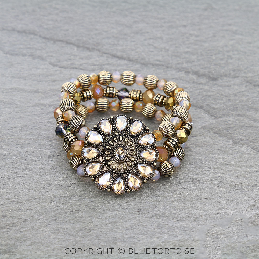 Western Concho Stone 3Row Mixed Bead Stretch Bracelet