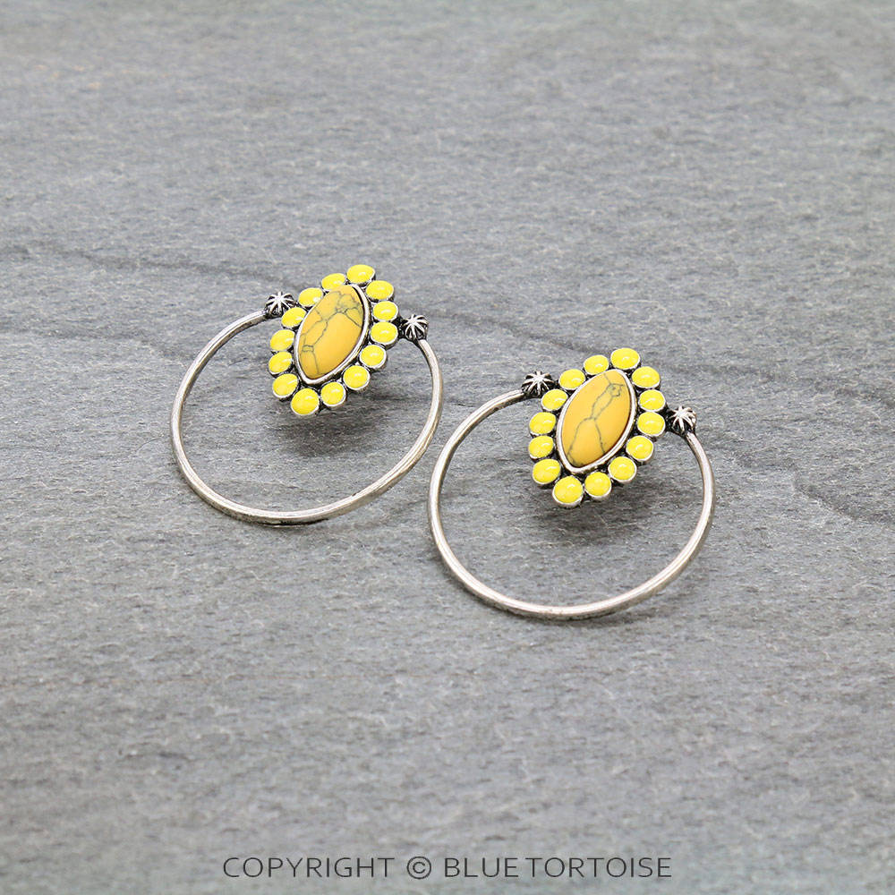 Western Concho Stone Hoop Stud Earrings/D