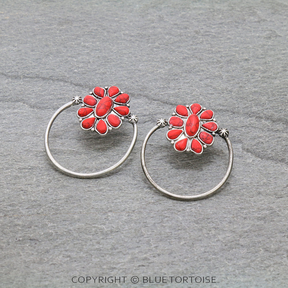 Western Concho Stone Hoop Stud Earrings/D
