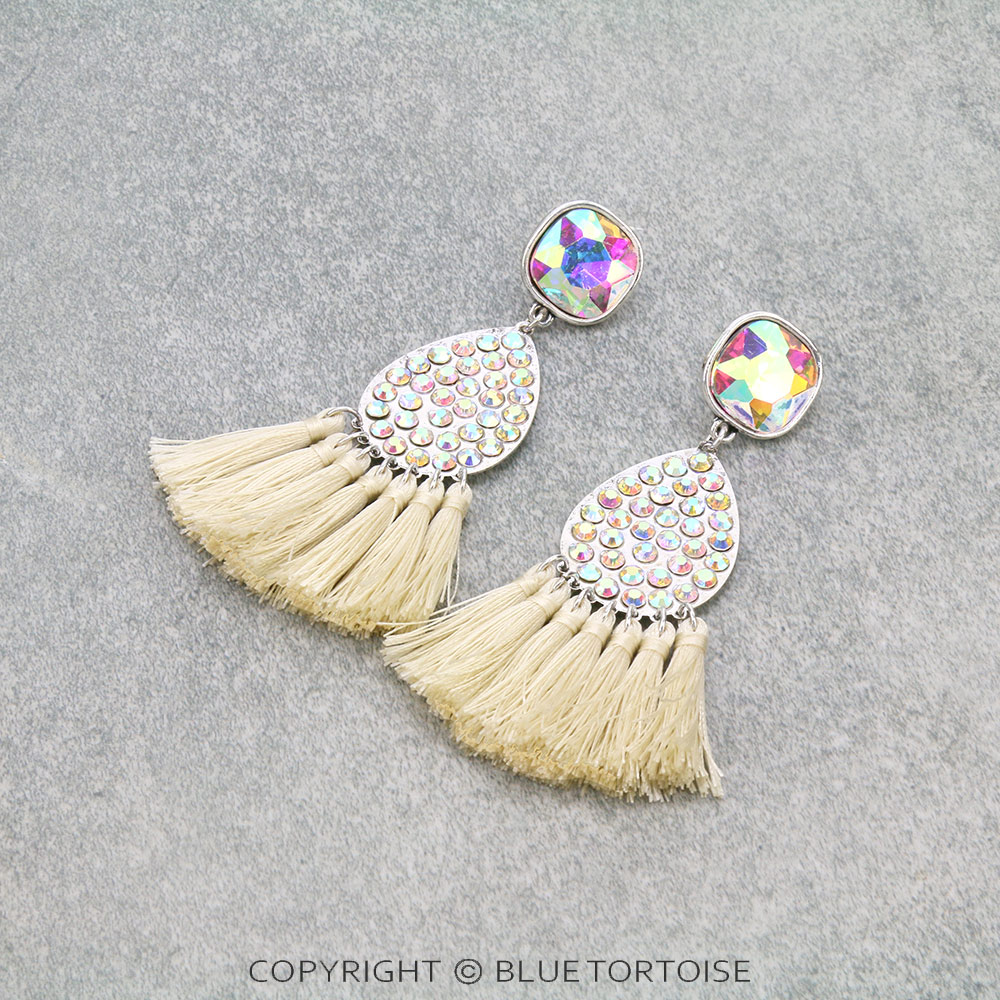 Glass Stone Tear Drop with Tassel Stud Earrings