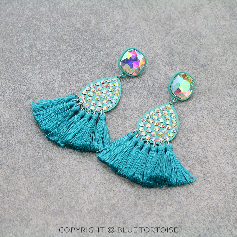 Glass Stone Tear Drop with Tassel Stud Earrings