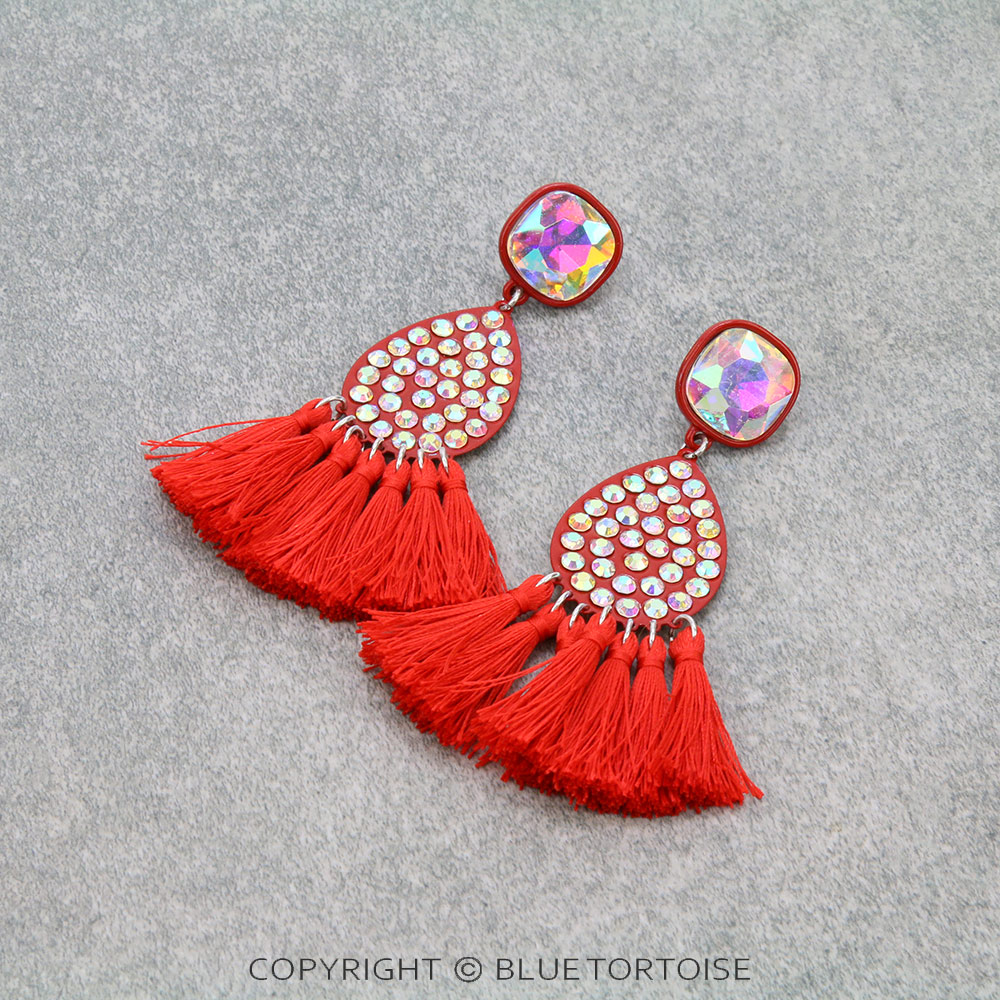 Glass Stone Tear Drop with Tassel Stud Earrings