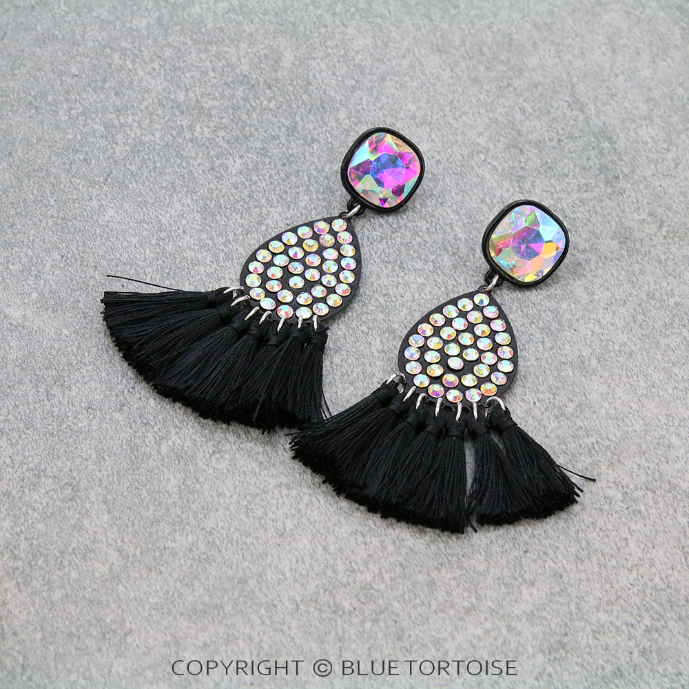 Glass Stone Tear Drop with Tassel Stud Earrings