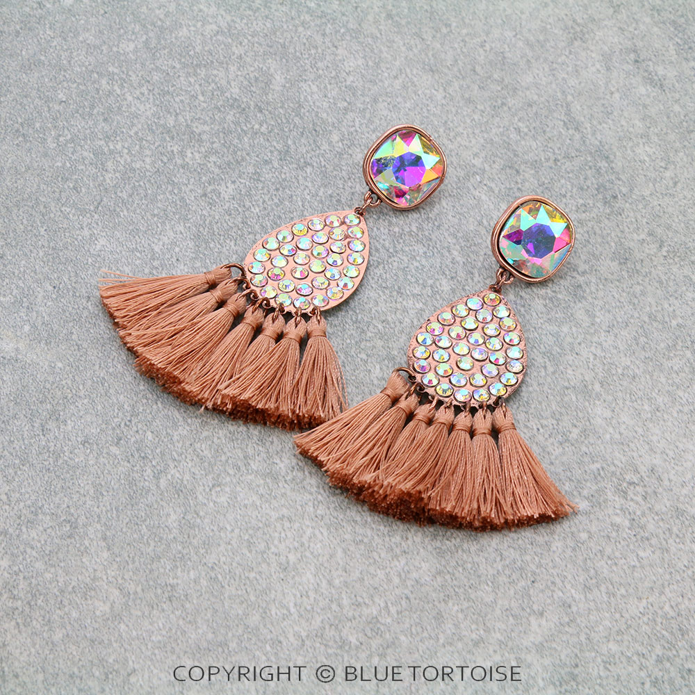 Glass Stone Tear Drop with Tassel Stud Earrings