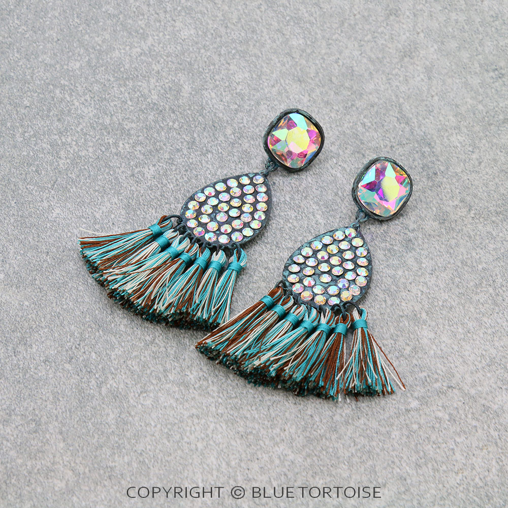 Glass Stone Tear Drop with Tassel Stud Earrings