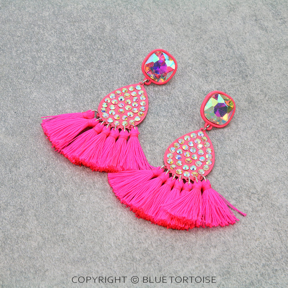 Glass Stone Tear Drop with Tassel Stud Earrings