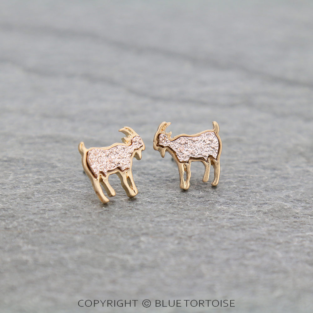 Farm Animal Goat Druzy Stone Stud Earrings