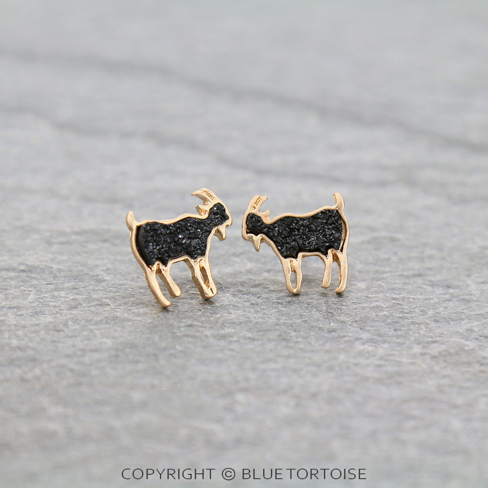Farm Animal Goat Druzy Stone Stud Earrings