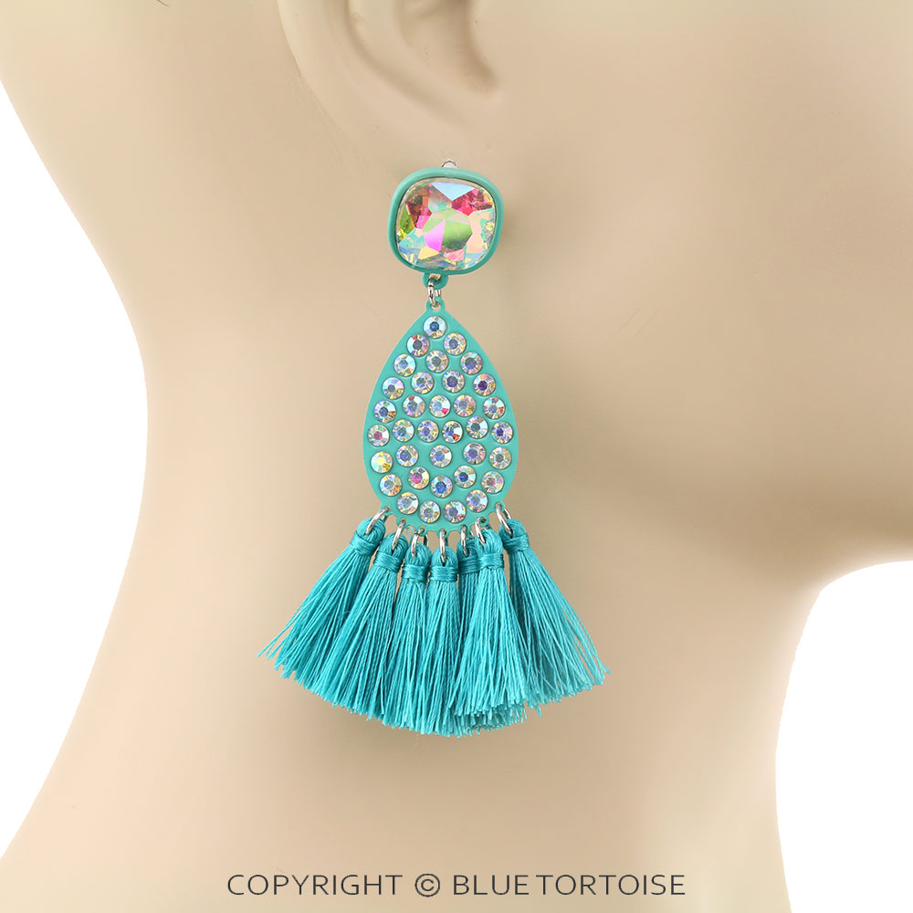 Glass Stone Tear Drop with Tassel Stud Earrings - Image 2