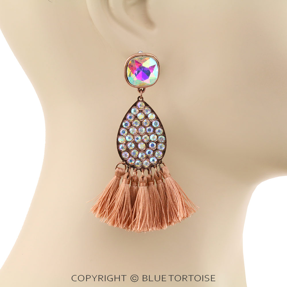 Glass Stone Tear Drop with Tassel Stud Earrings - Image 2