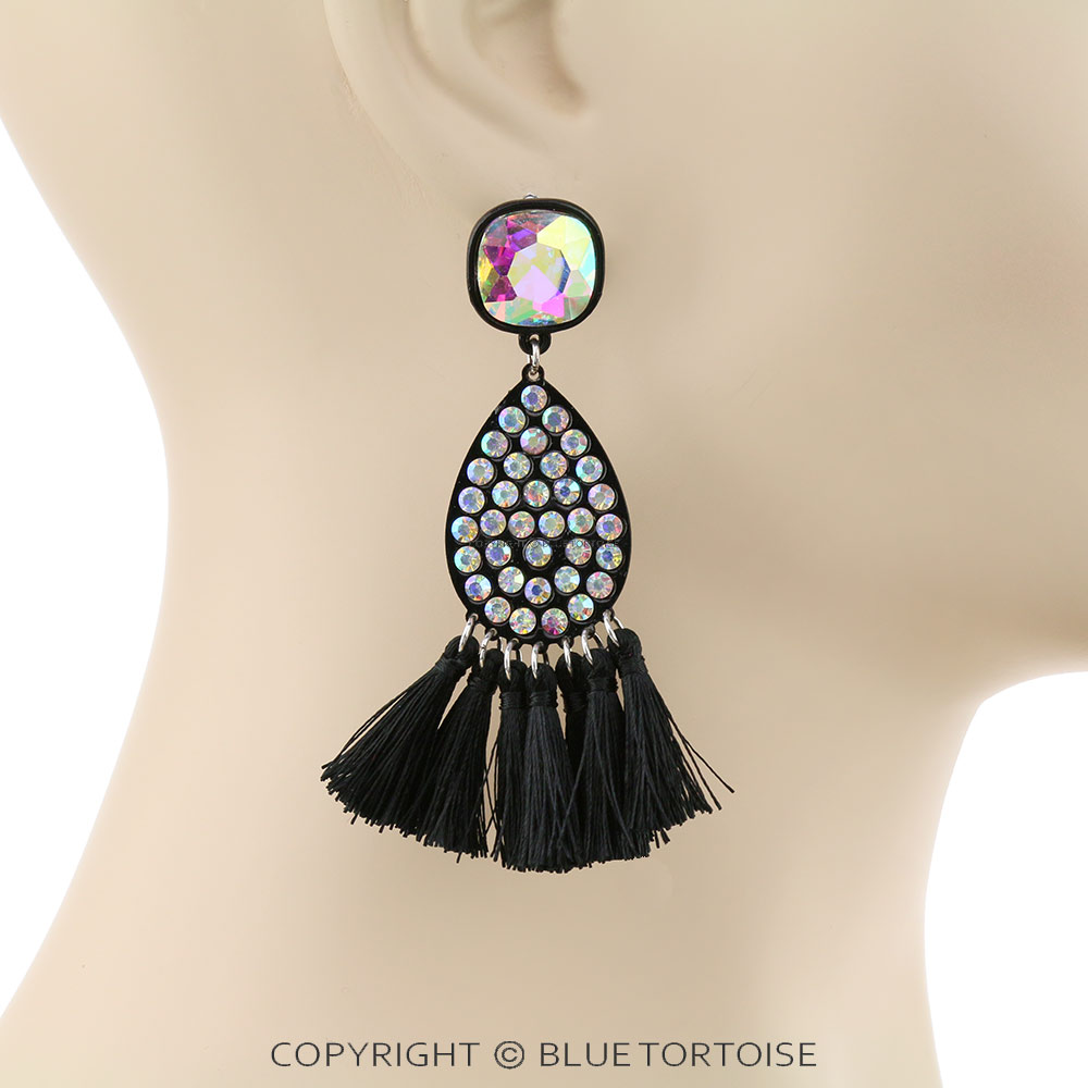 Glass Stone Tear Drop with Tassel Stud Earrings - Image 2