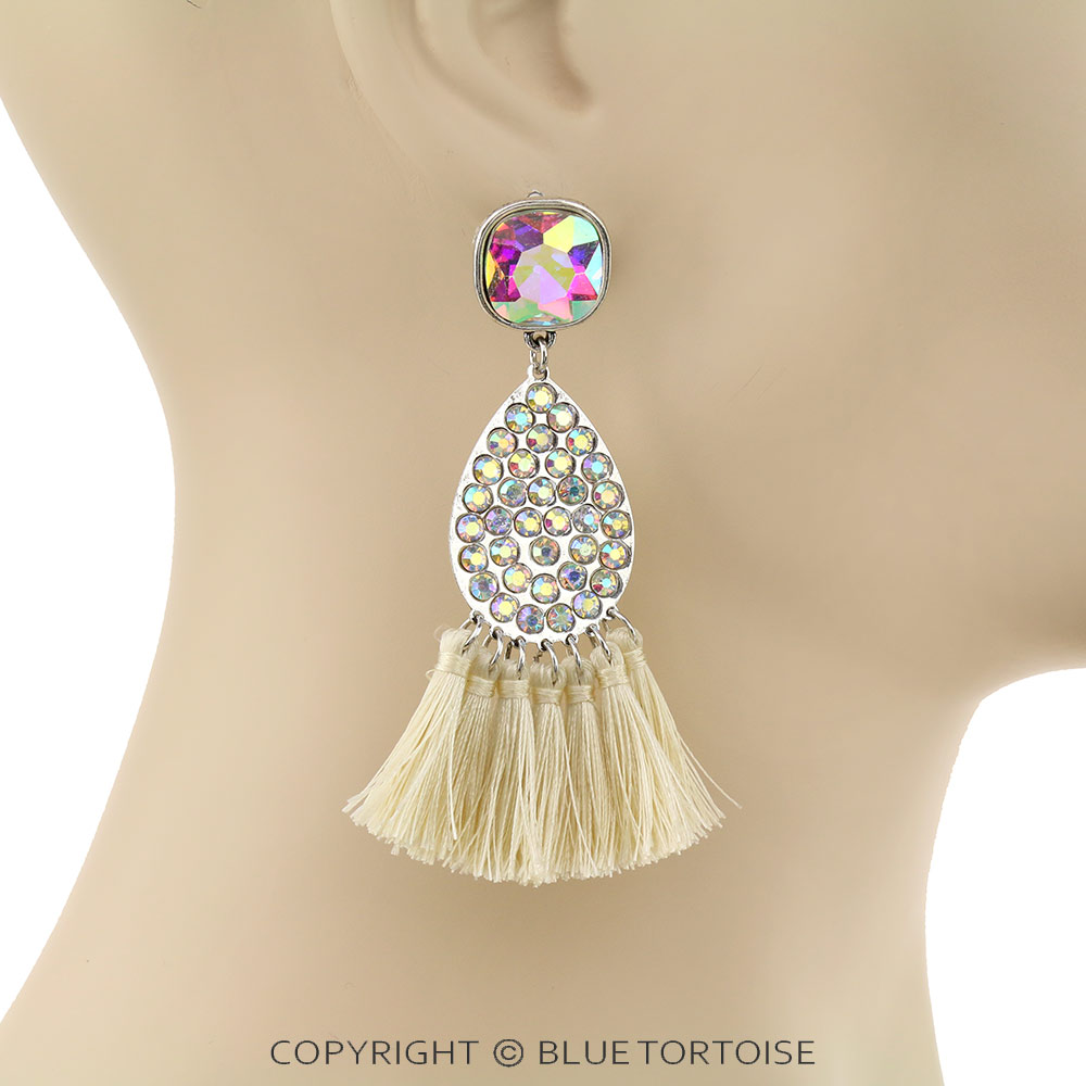 Glass Stone Tear Drop with Tassel Stud Earrings - Image 2