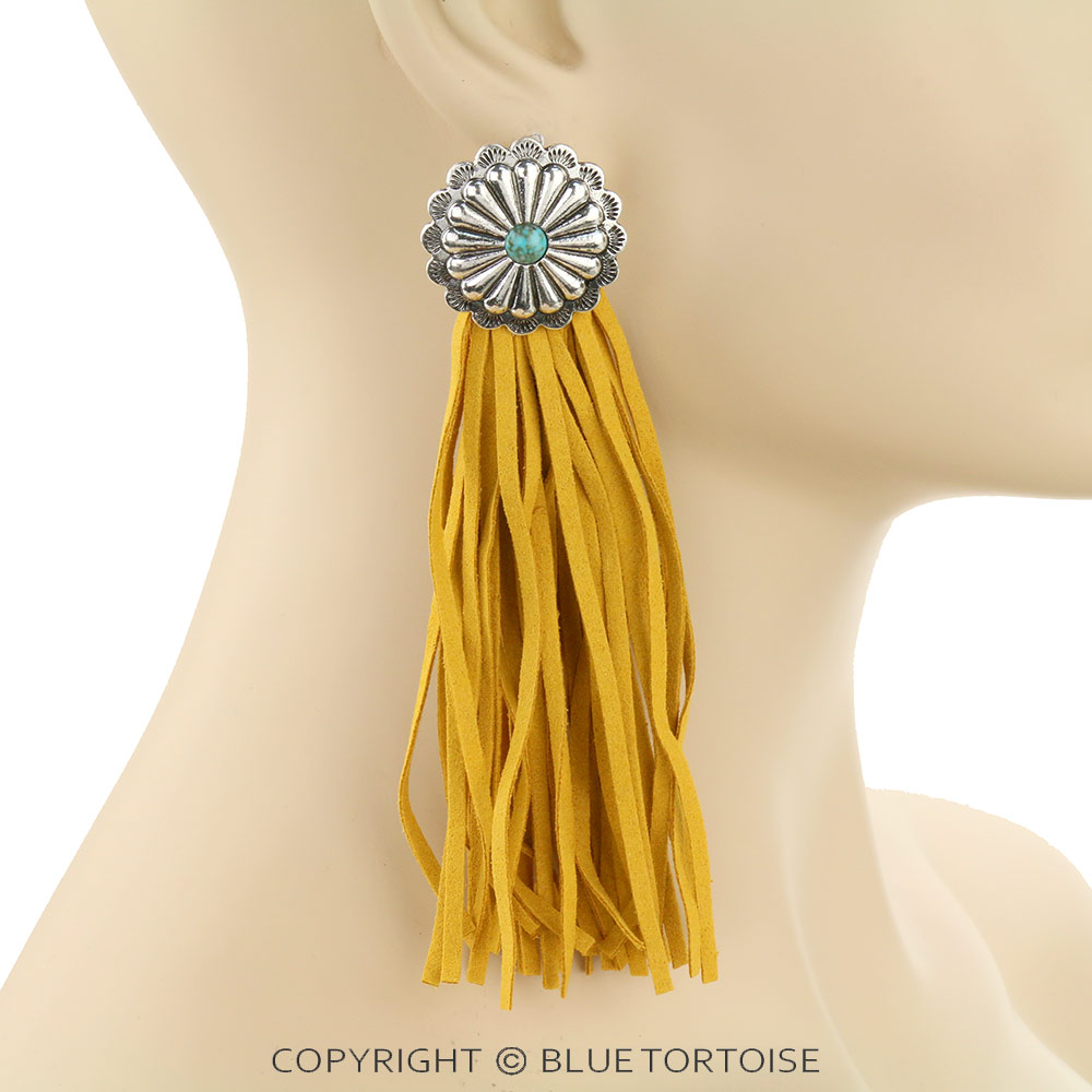 Western Concho with Leather Tassel Stud Earrings - Image 2