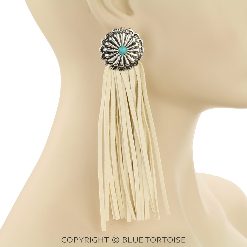 Western Concho with Leather Tassel Stud Earrings - Image 2