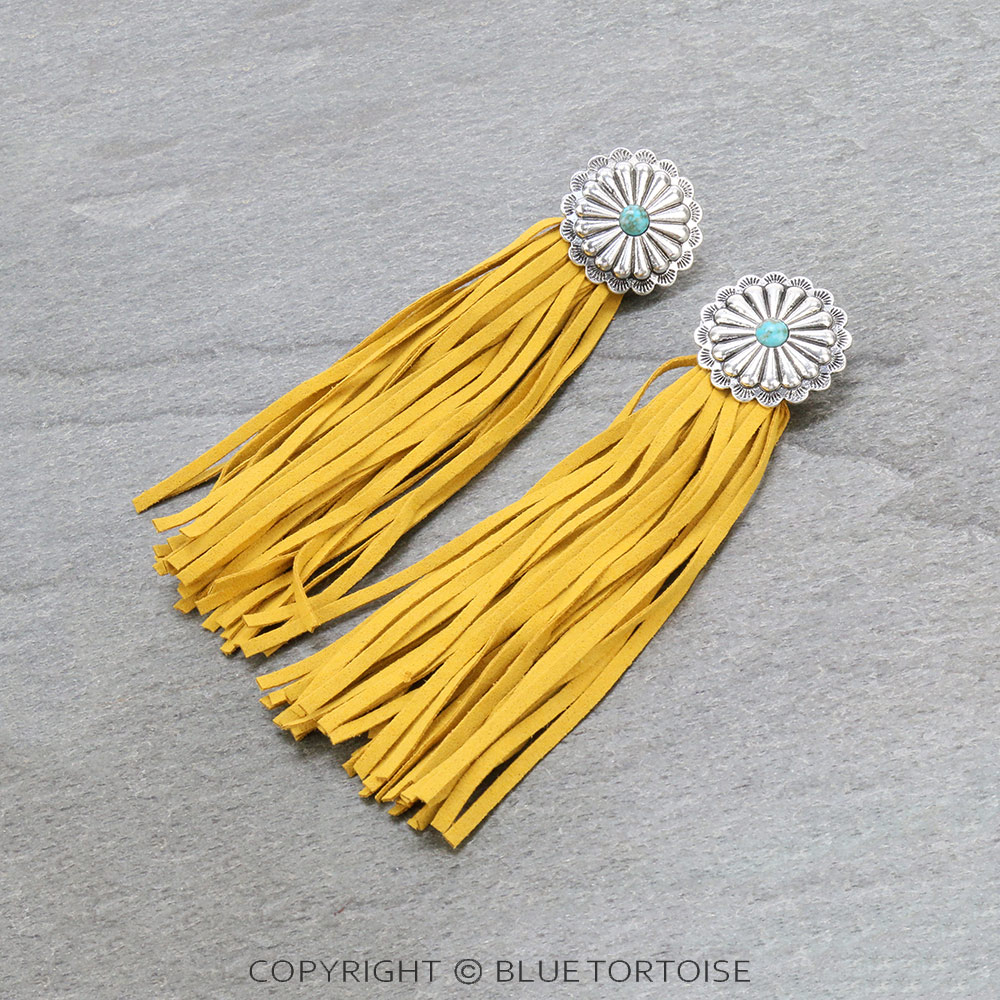 Western Concho with Leather Tassel Stud Earrings
