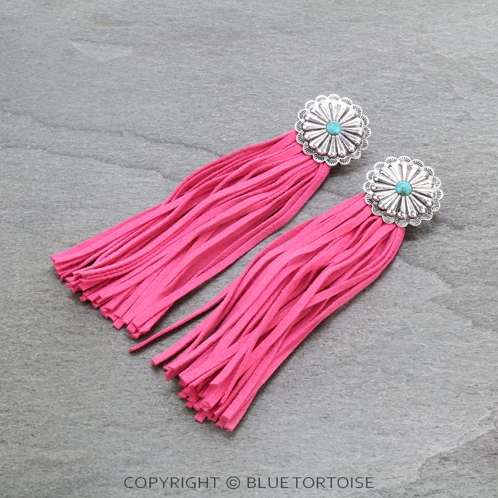 Western Concho with Leather Tassel Stud Earrings