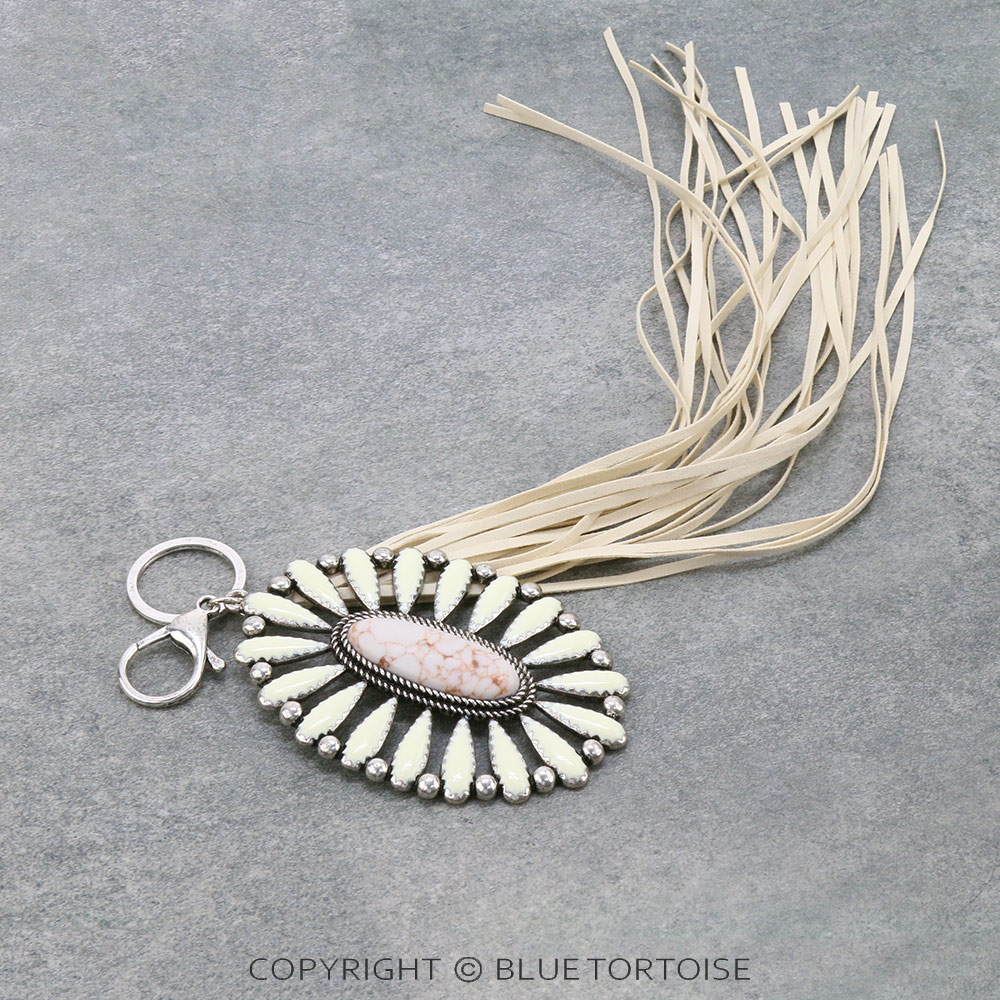 Western Concho Stone with Leather Tassel Key Chain/Bag Charm