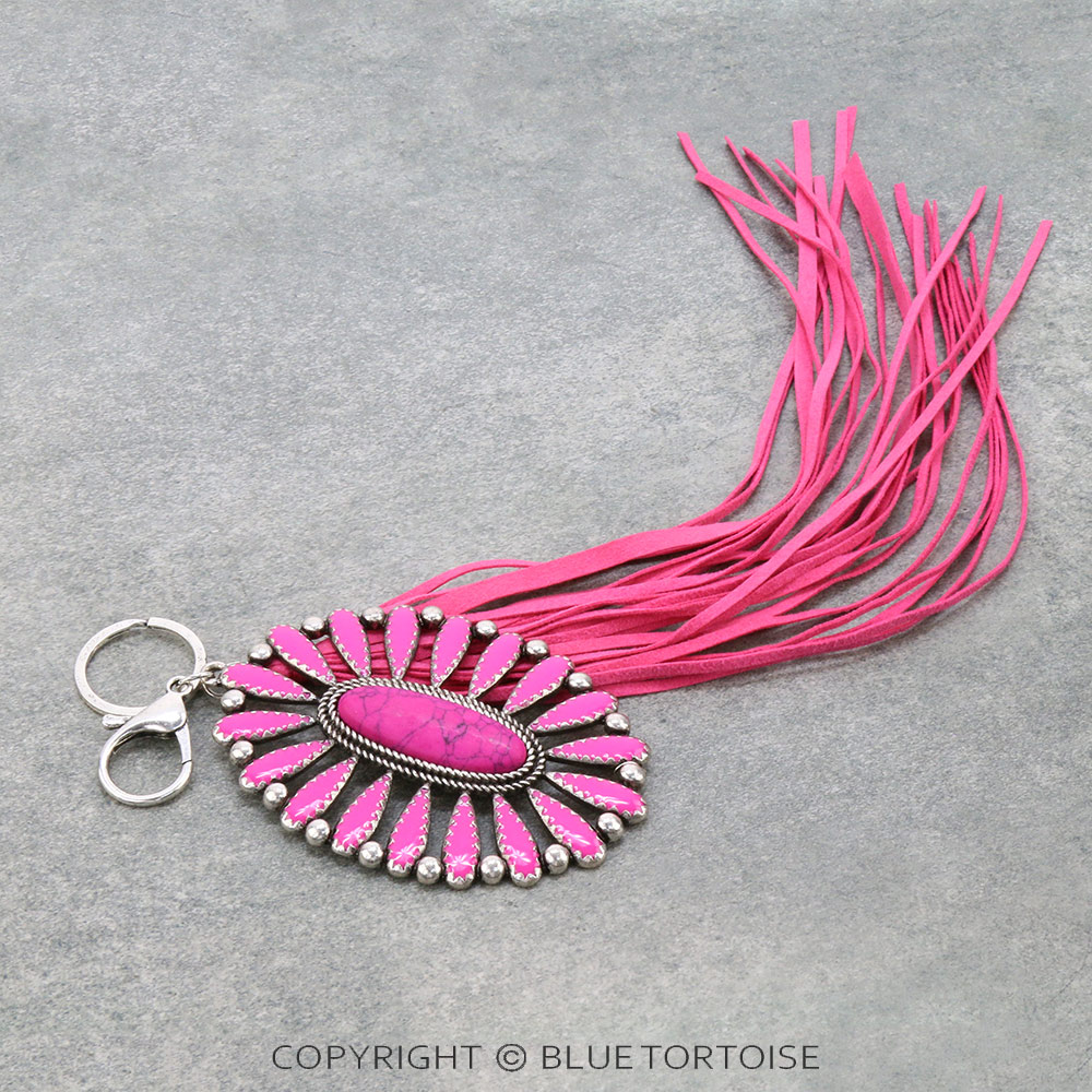 Western Concho Stone with Leather Tassel Key Chain/Bag Charm