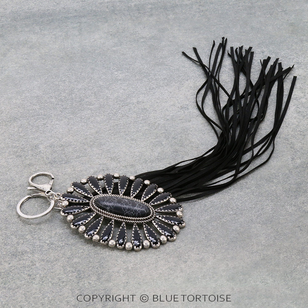 Western Concho Stone with Leather Tassel Key Chain/Bag Charm