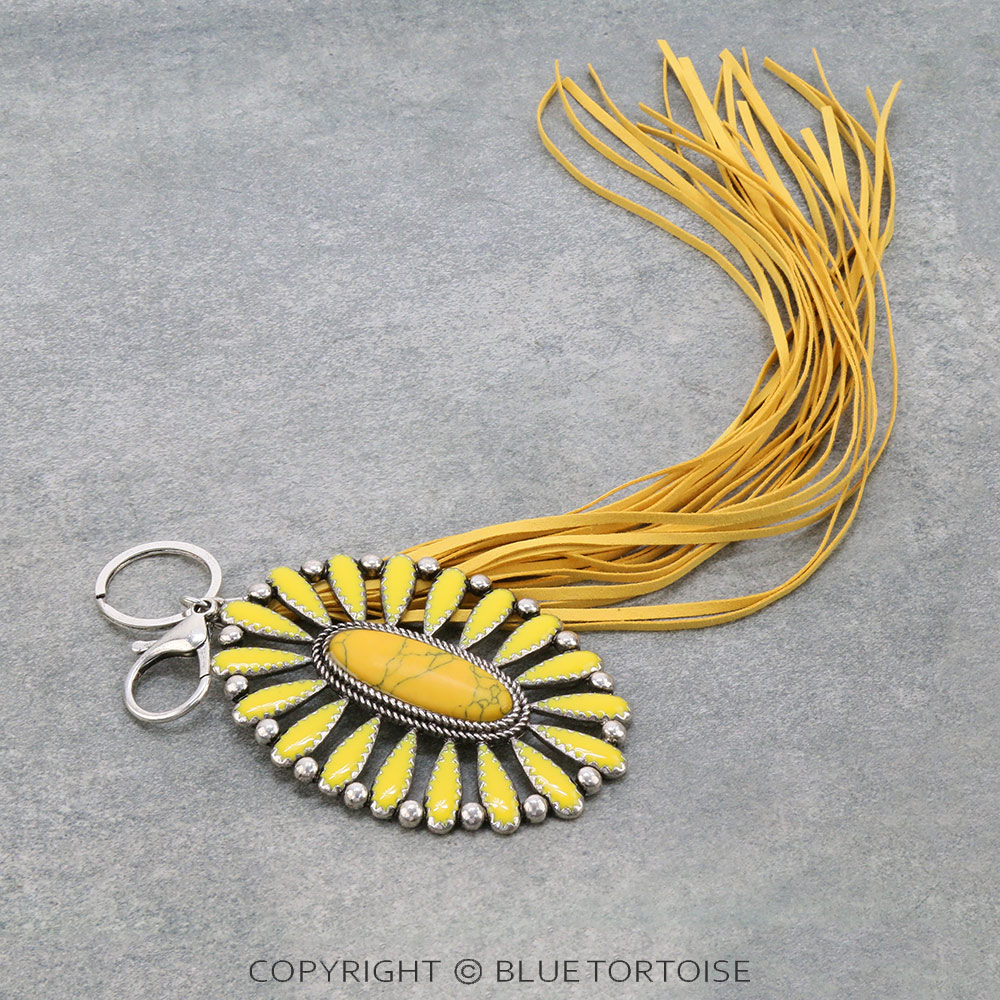 Western Concho Stone with Leather Tassel Key Chain/Bag Charm