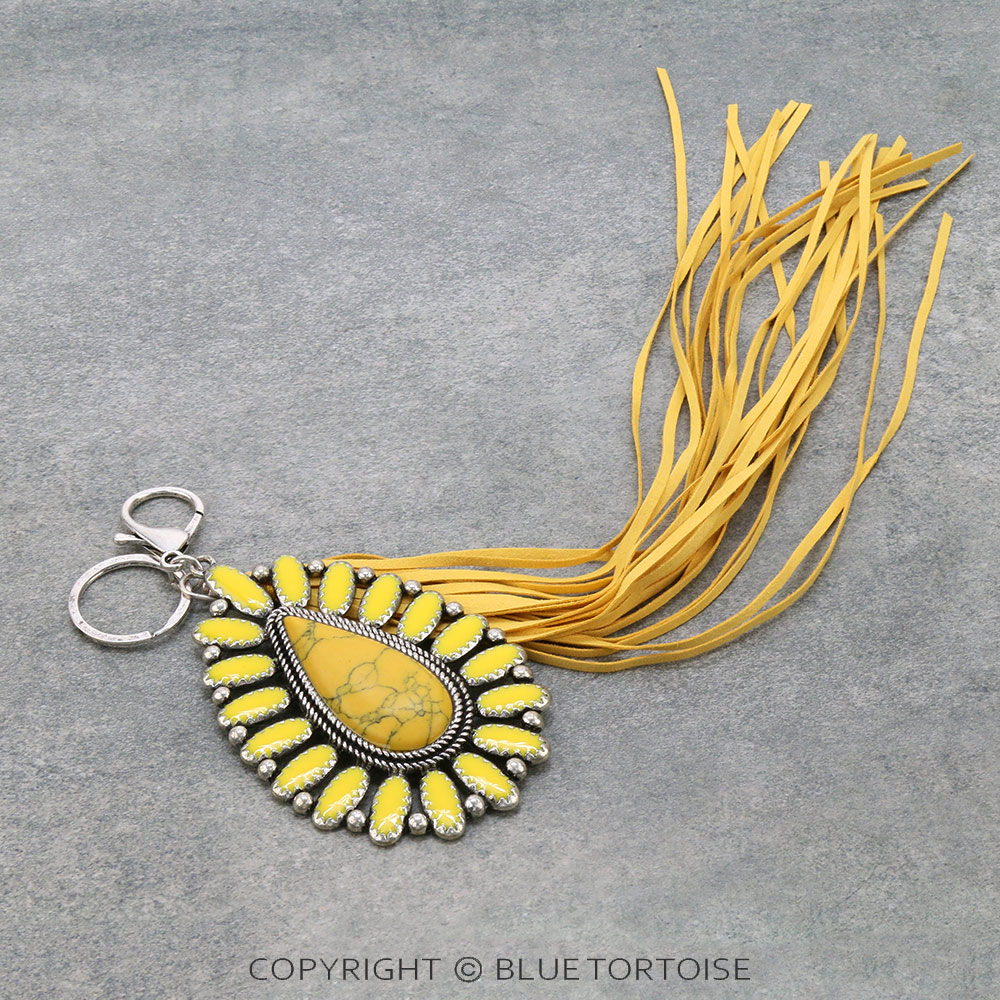 Western Concho Stone with Leather Tassel Key Chain/Bag Charm