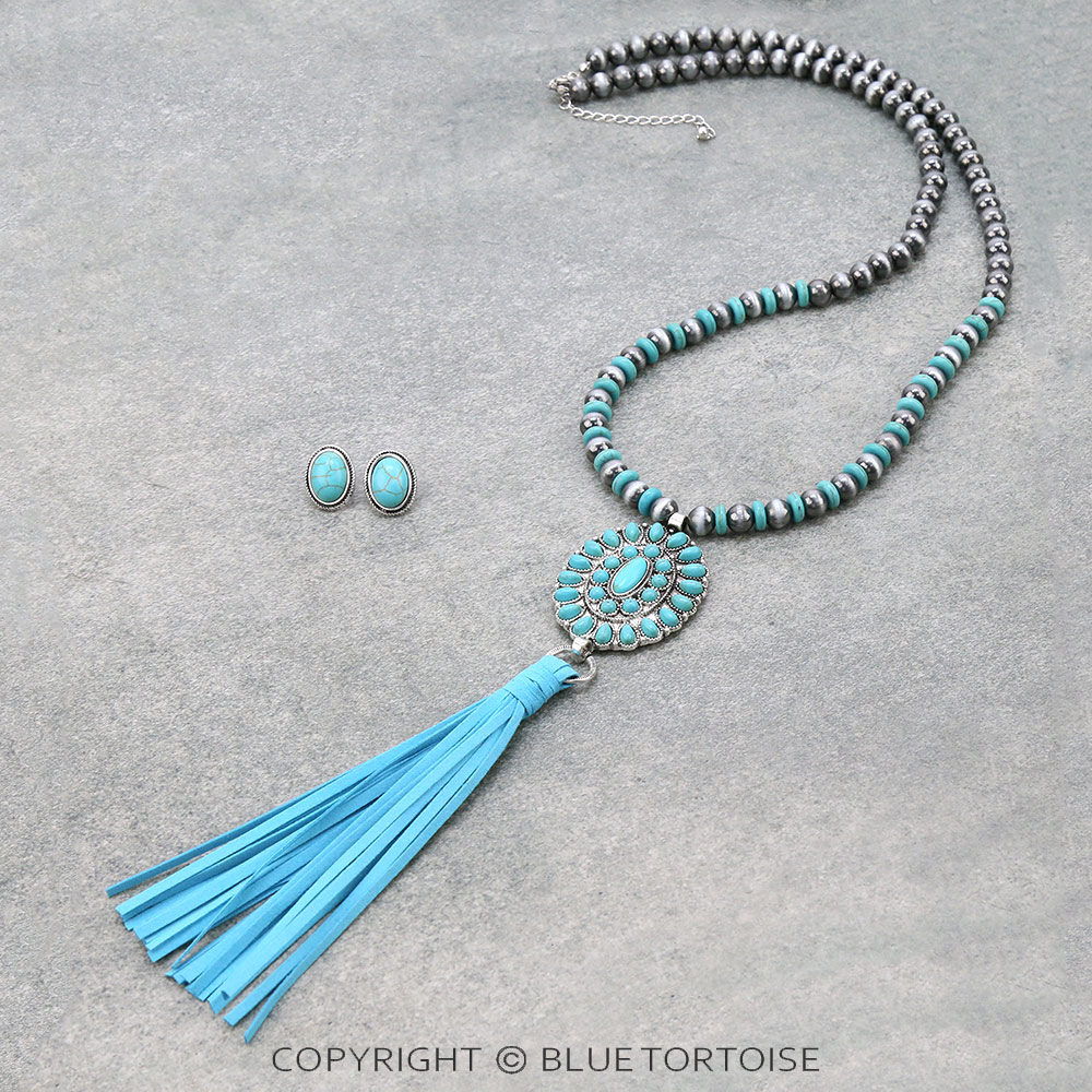 Western Concho Stone with Leather Necklace Set