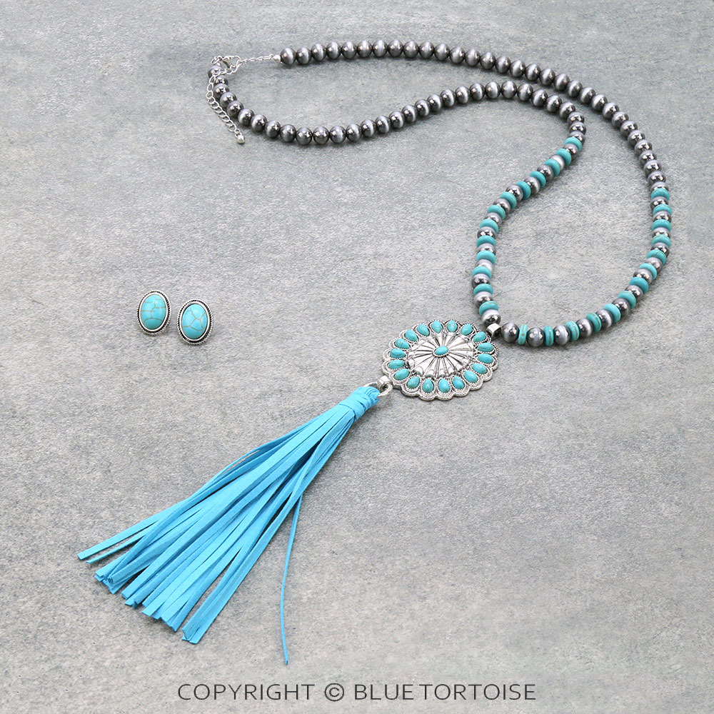 Western Concho Stone with Leather Necklace Set