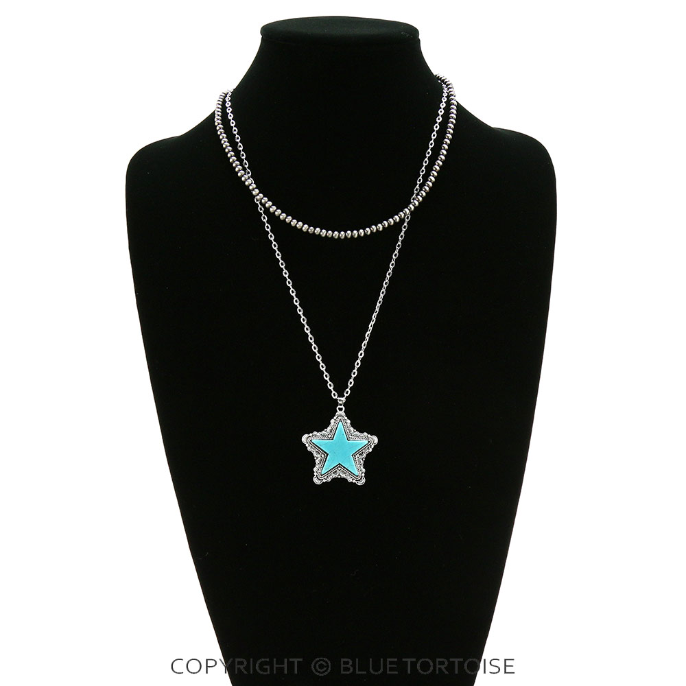 20" Long, Boho Small Cable Chain, Tiny 4mm Navajo Style Pearl Necklace, Lone Star Natural Stone Pendant - Image 2