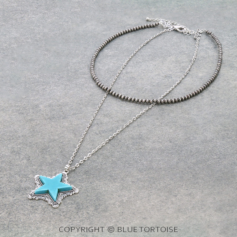 20" Long, Boho Small Cable Chain, Tiny 4mm Navajo Style Pearl Necklace, Lone Star Natural Stone Pendant