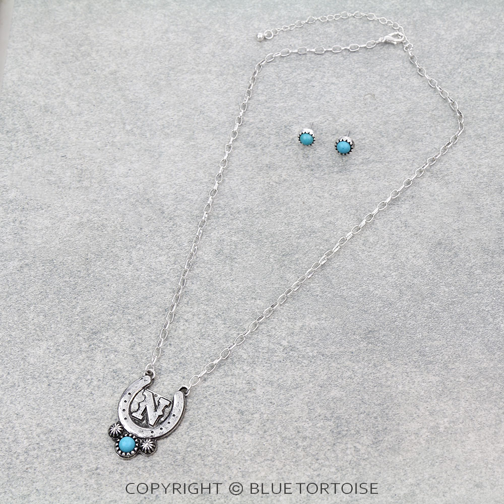Western Horse Groove Initial Necklace Set